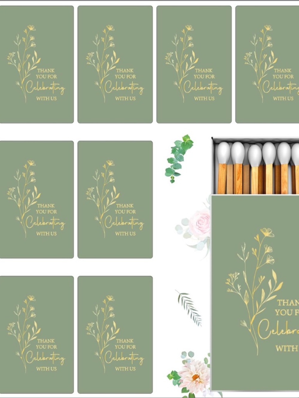 Botanical Wedding Favor Stickers Sage Green Gold Matchbox Labels 95 count
